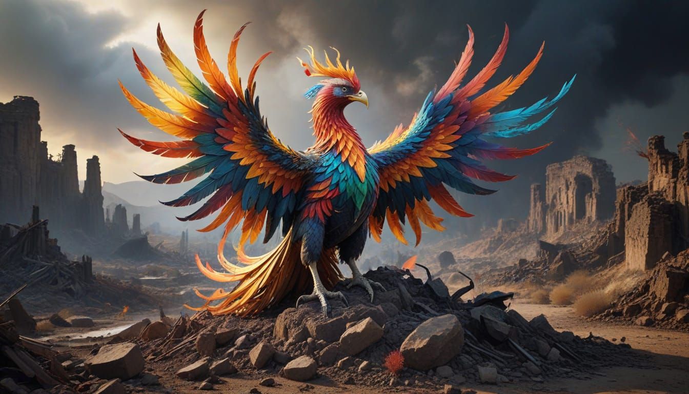 Majestic Phoenix Rises from Ancient Ruins in Vibrant Colors