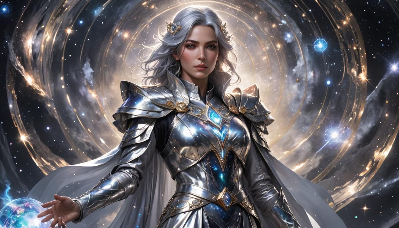 Cosmic Mage in Silver and Iridescent Attire