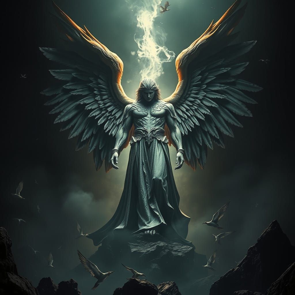 Majestic Angel in Moody, Hyperrealistic Landscape