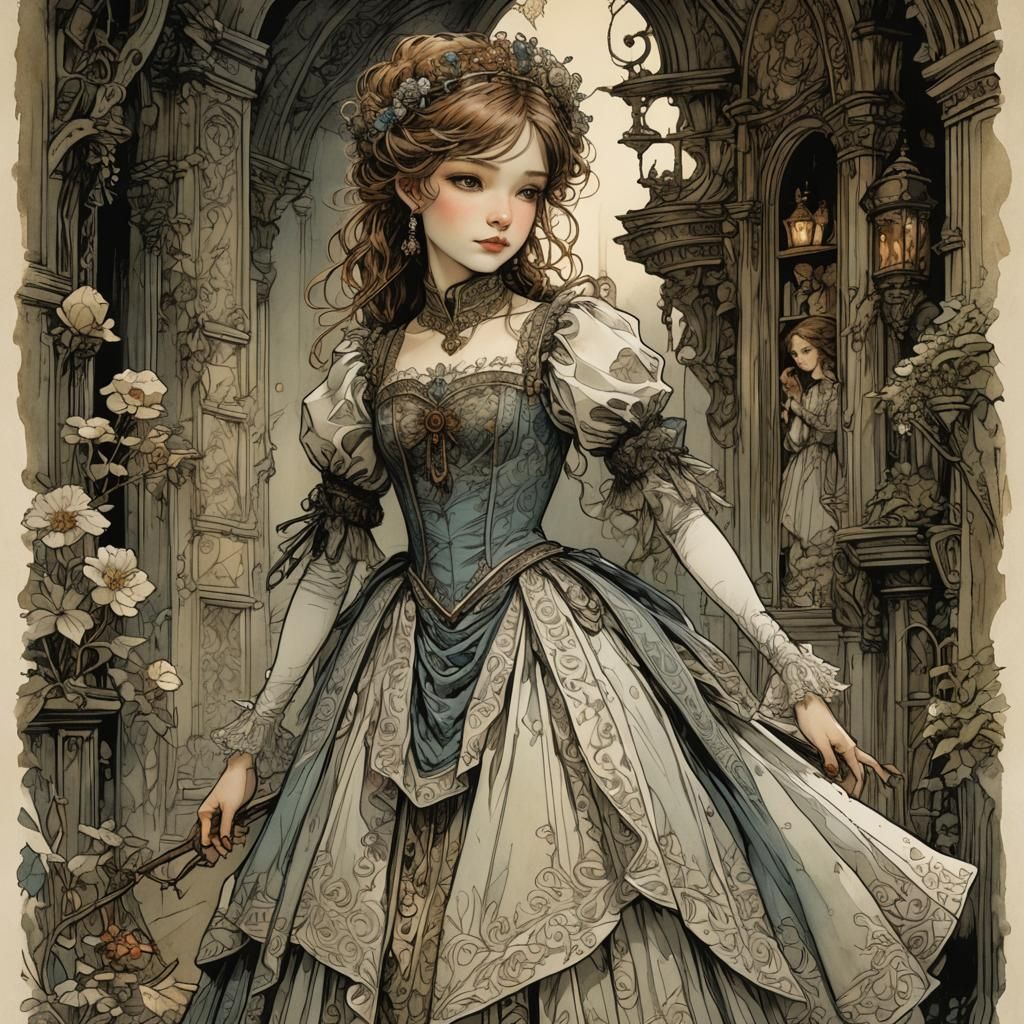 Girl Tries on Dress, Expressive Illustration