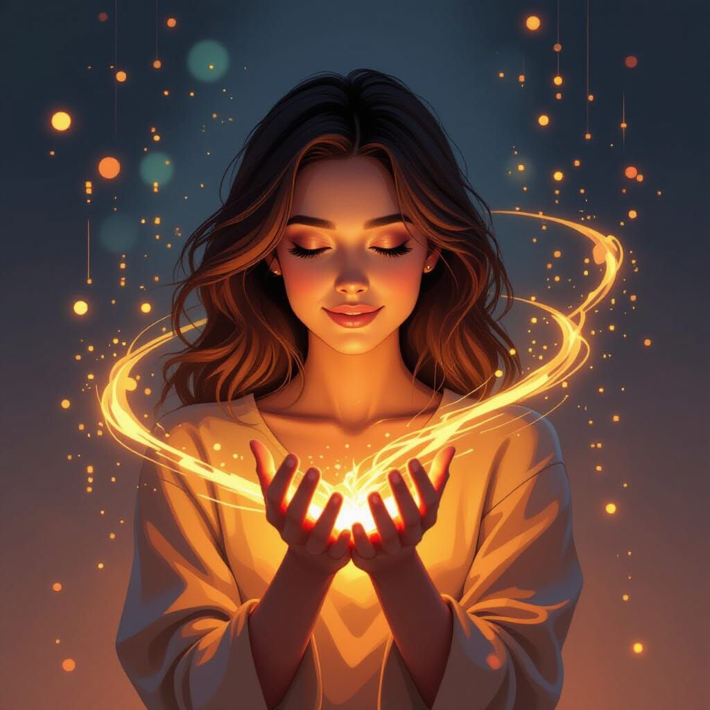 Radiant Woman in Digital Neon Landscape