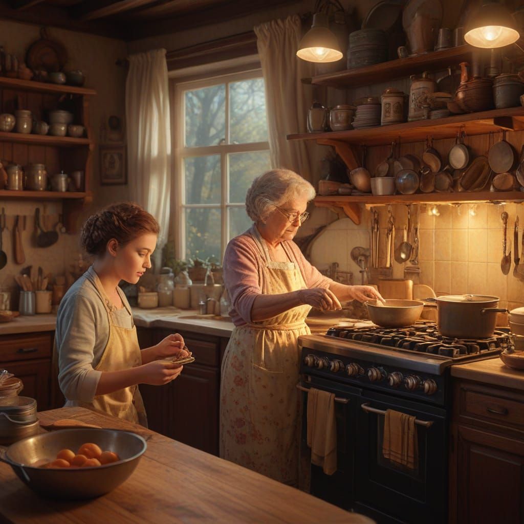 Cozy Vintage Kitchen Scene in Kinkade Style