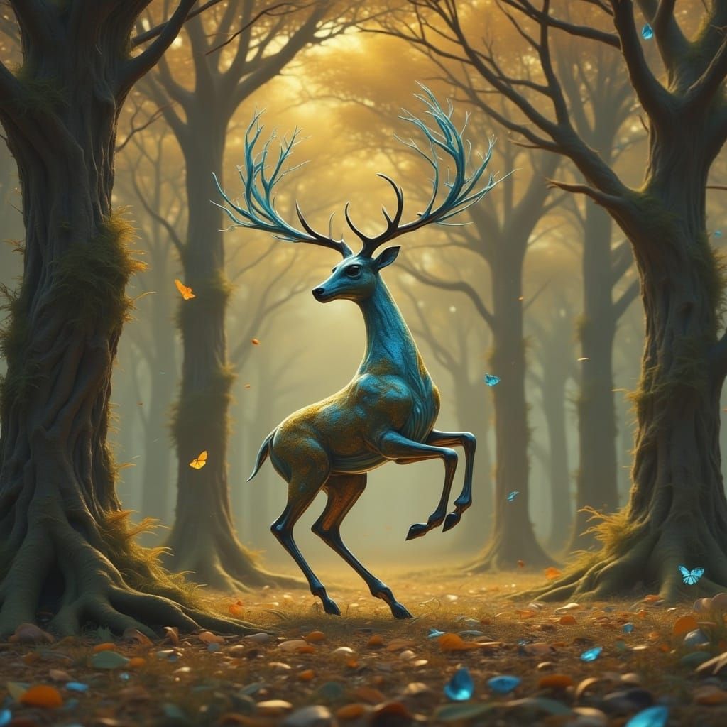 Glass Stag Leaps Through Golden Forest