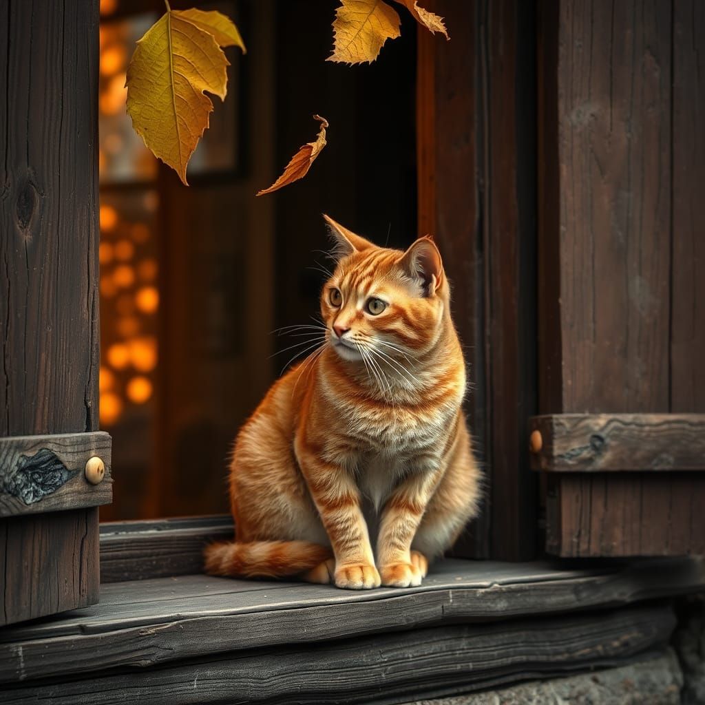 Ginger Tabby on Cottage Window, Fantasy Digital Art