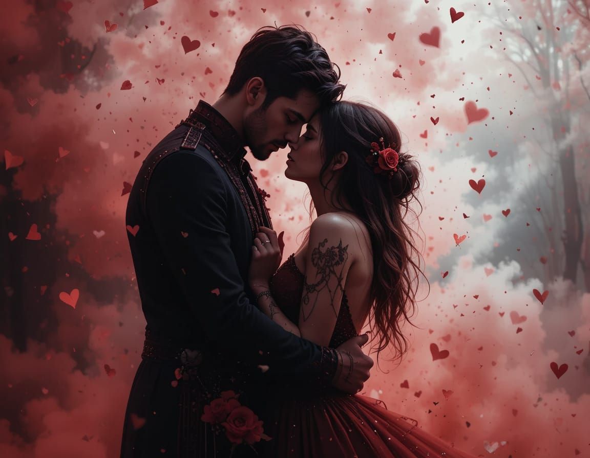 Romantic Figures Emerge from a Crimson Fog