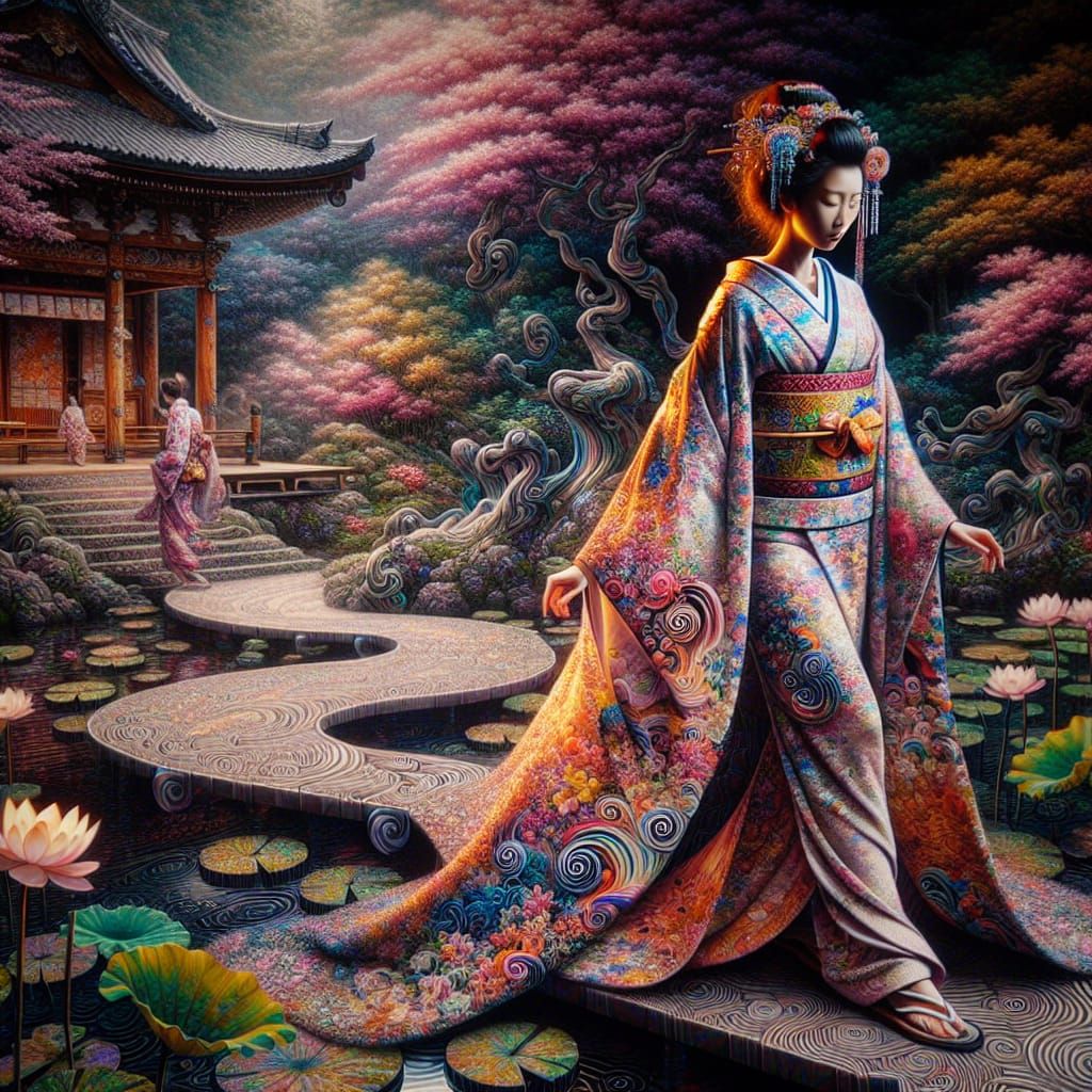 Zen Garden Geisha in Ukiyo-e Style with Sakura