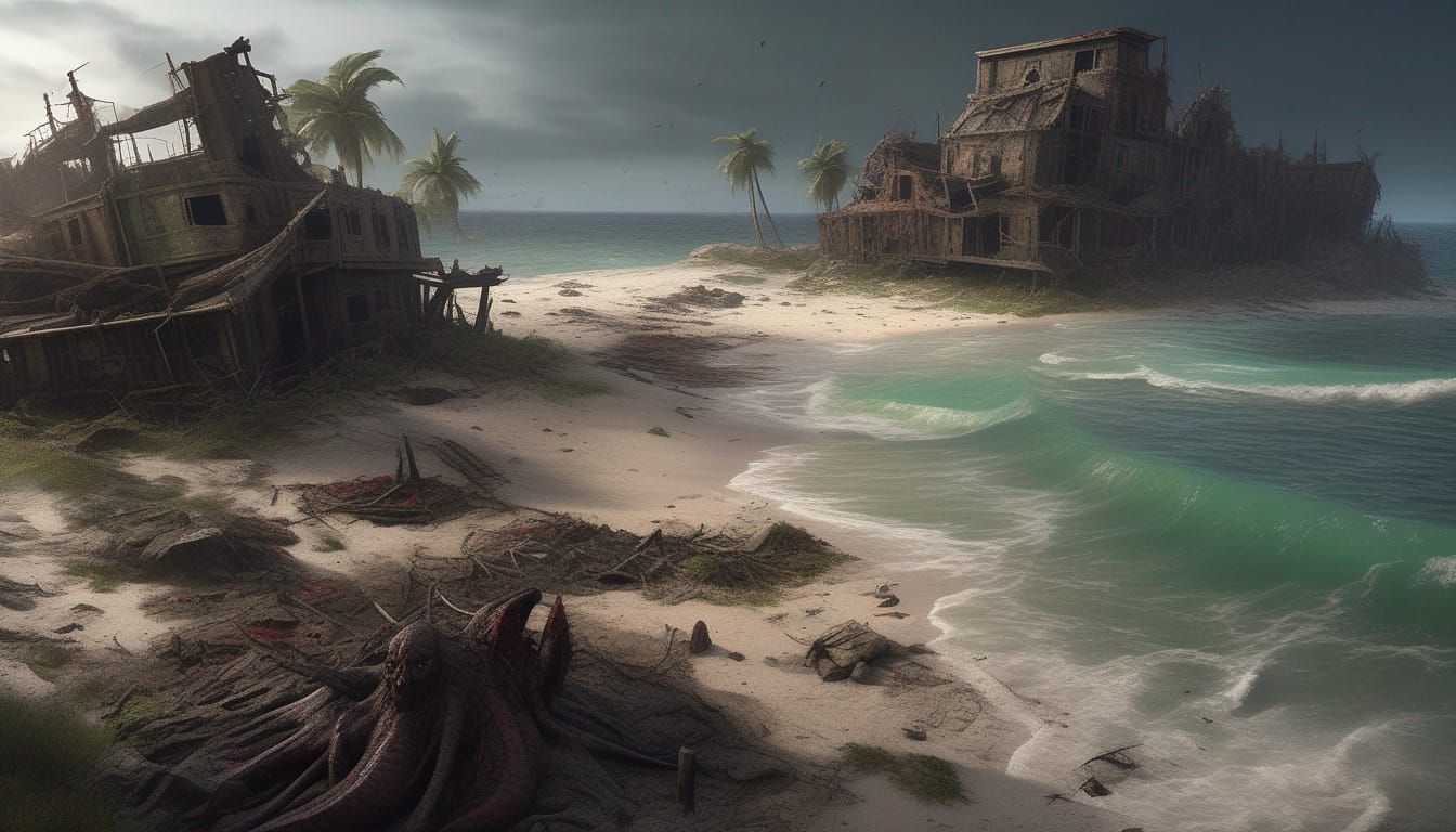 Dark Post-Apocalyptic Beach Destroyed by Cthulhu