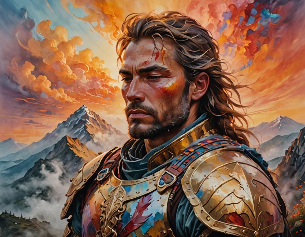 Warrior Resting on Misty Peak: Vivid Oil Painting