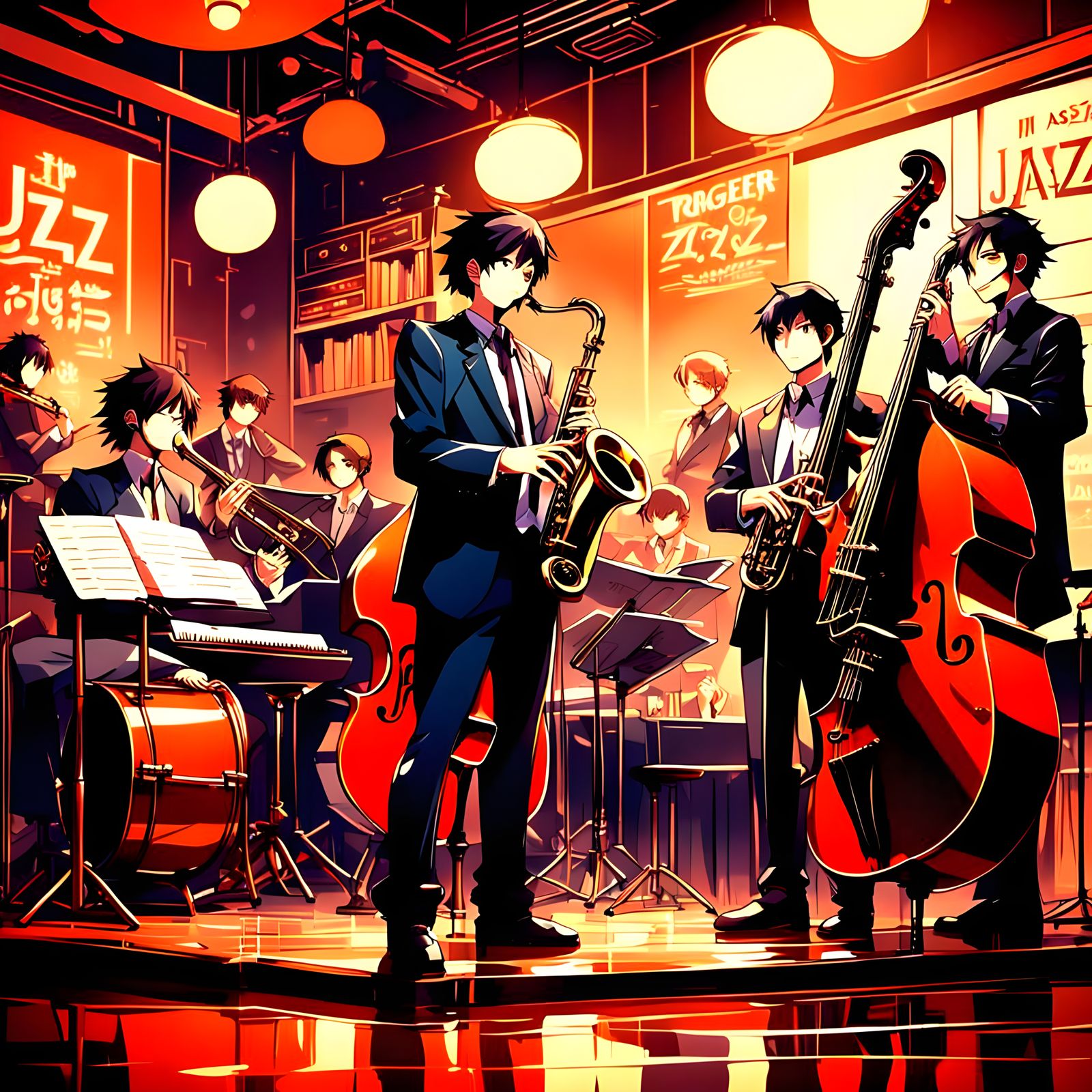 Anime Jazz Band in Dimly Lit Club