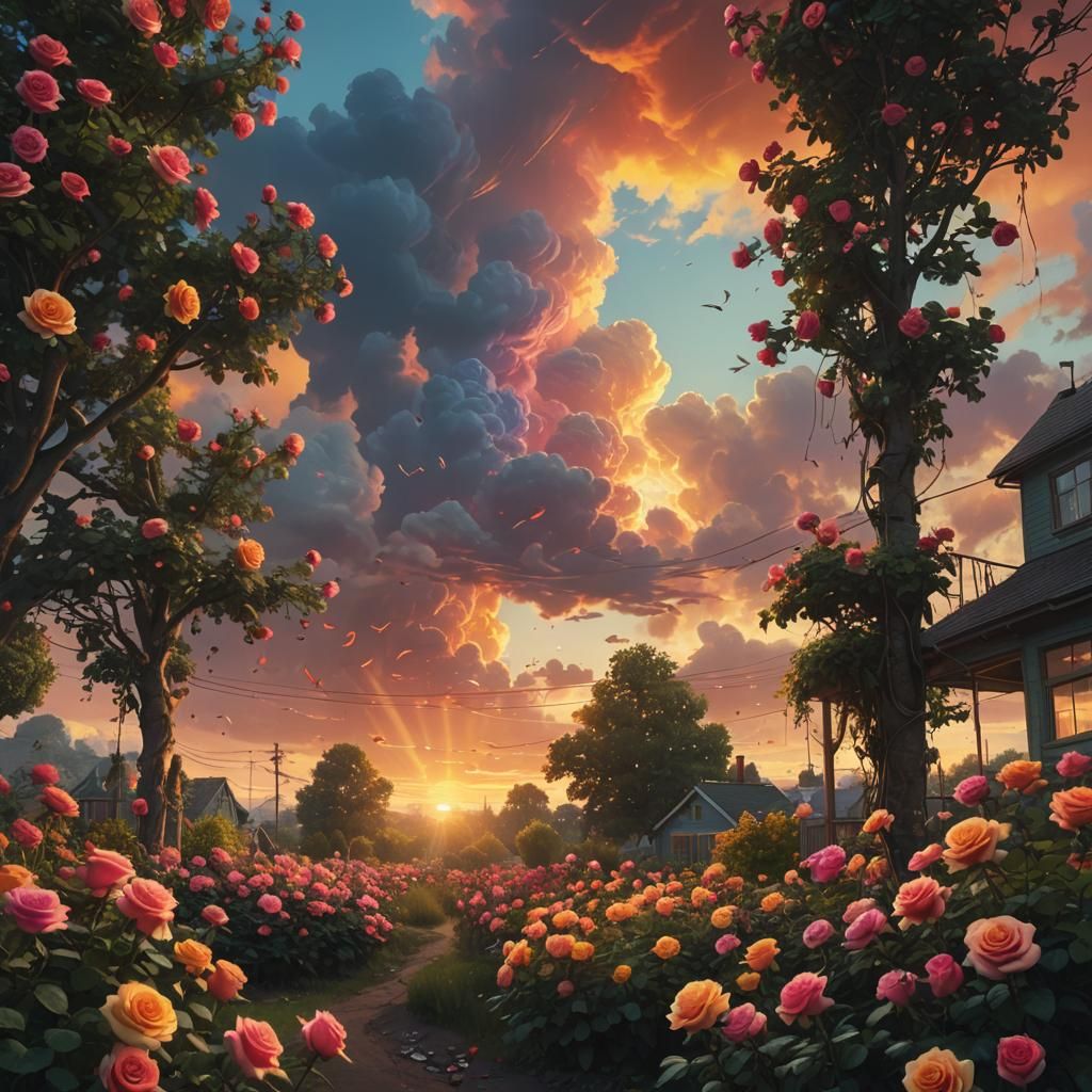 Rainbow Roses Garden at Sunset: Digital Matte Painting