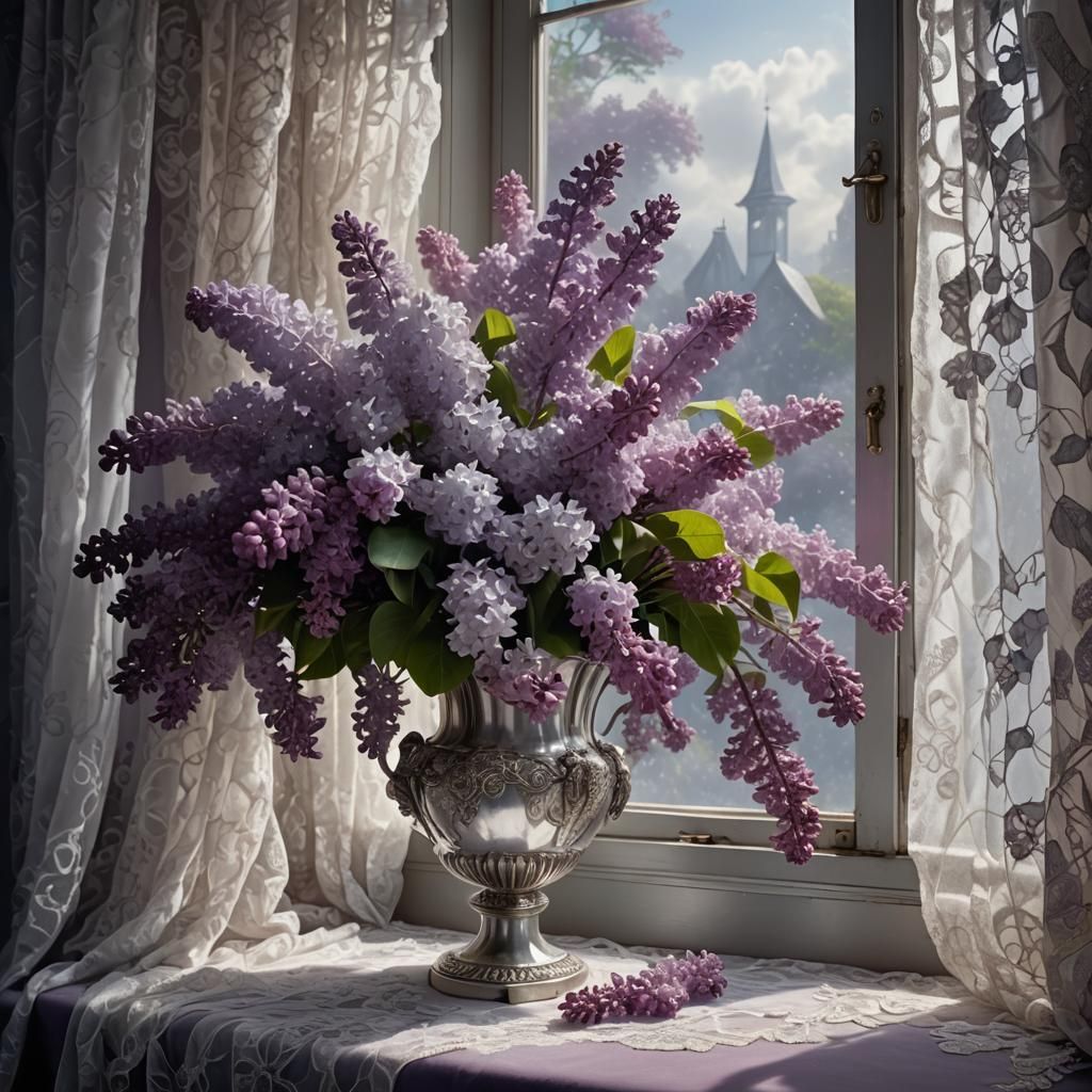 Lilac Flowers Spill From Silver Vase: Digital Matte Painting