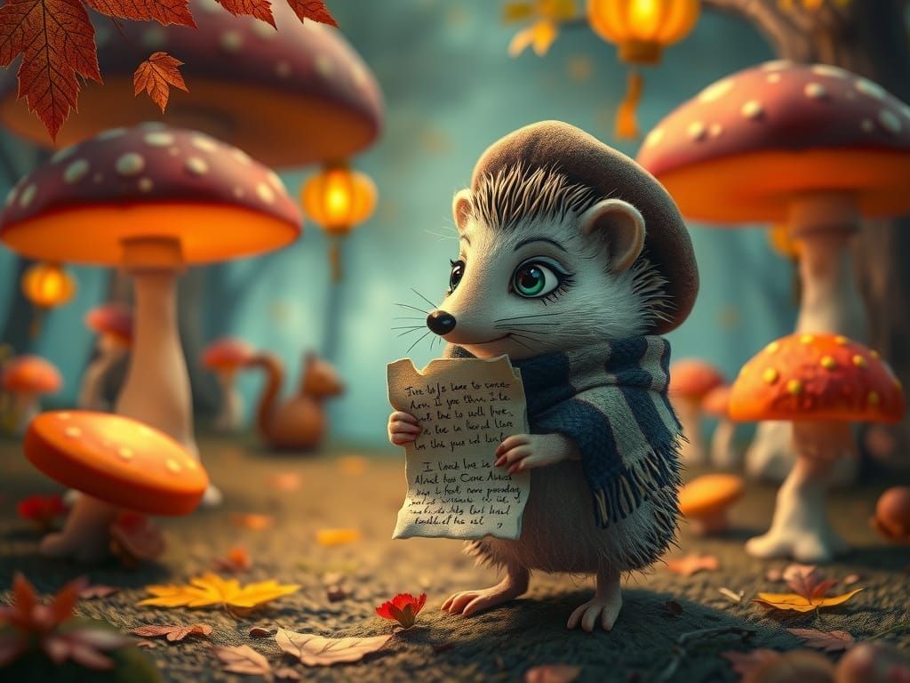 Heartbroken Hedgehog Poet in Enchanted Autumn Forest