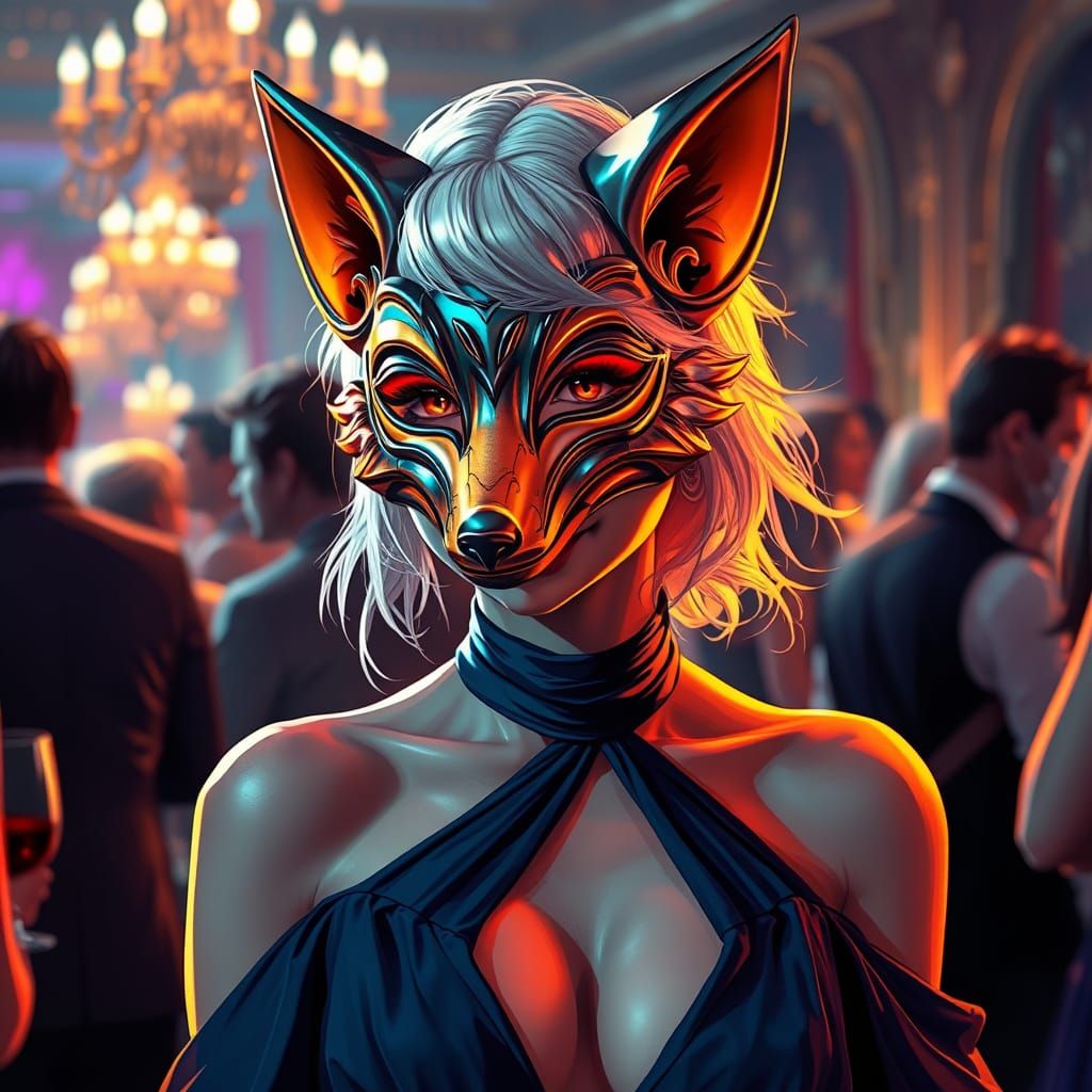 Fox Masked Woman at Party in Detailed Line Art