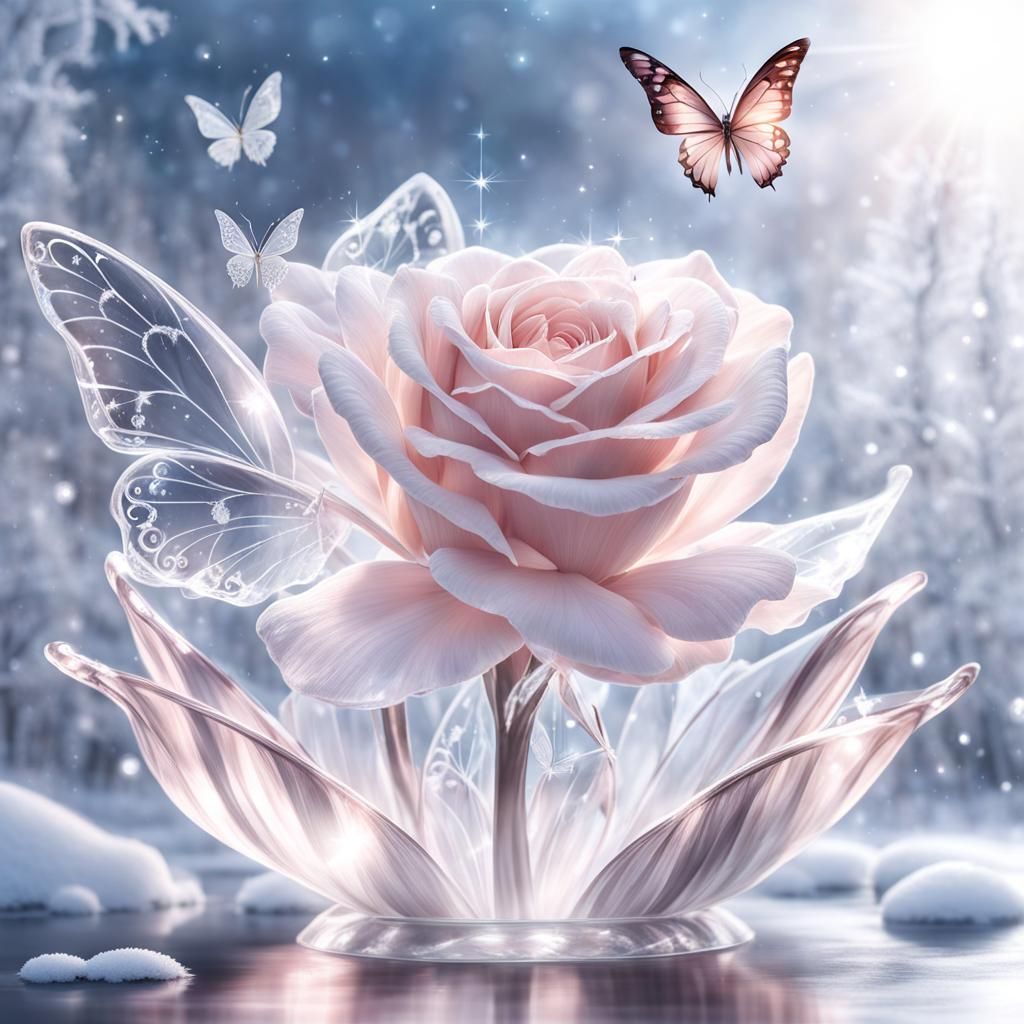 Crystalline Pink Glass Rose with Butterflies