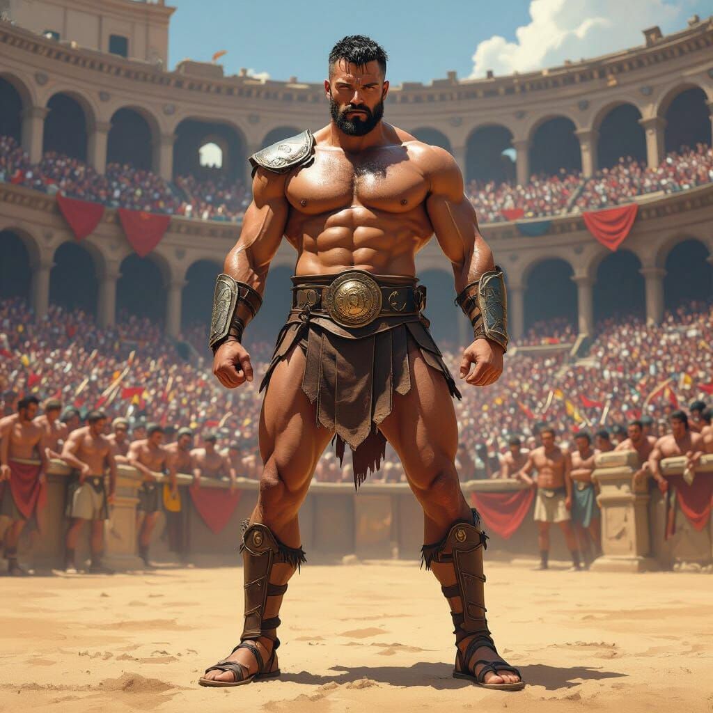 Gladiator in Ancient Arena, Retro Art Style
