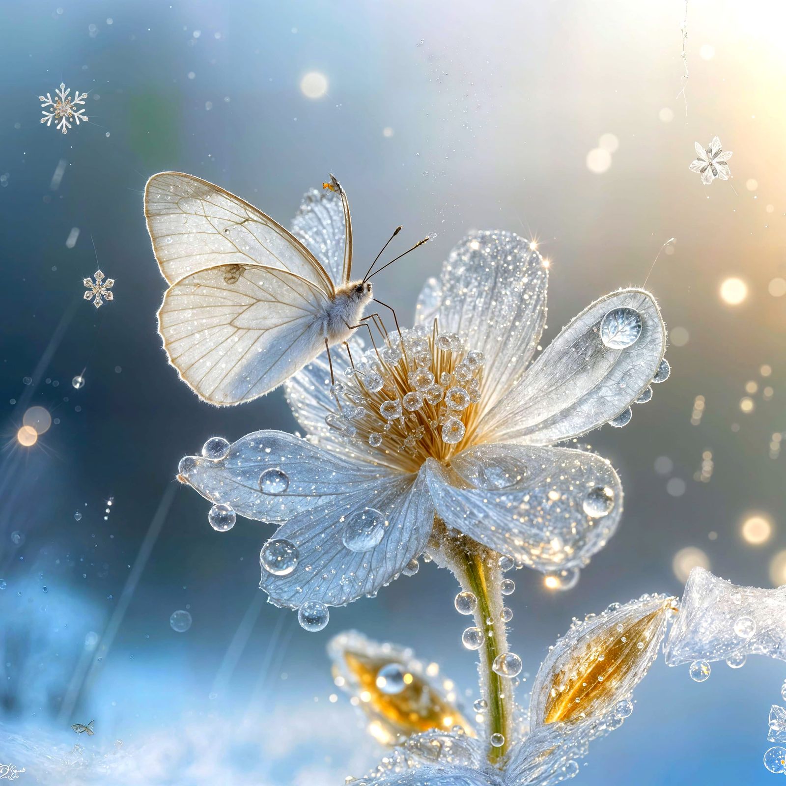 A butterfly rests on a flower made of  ice.