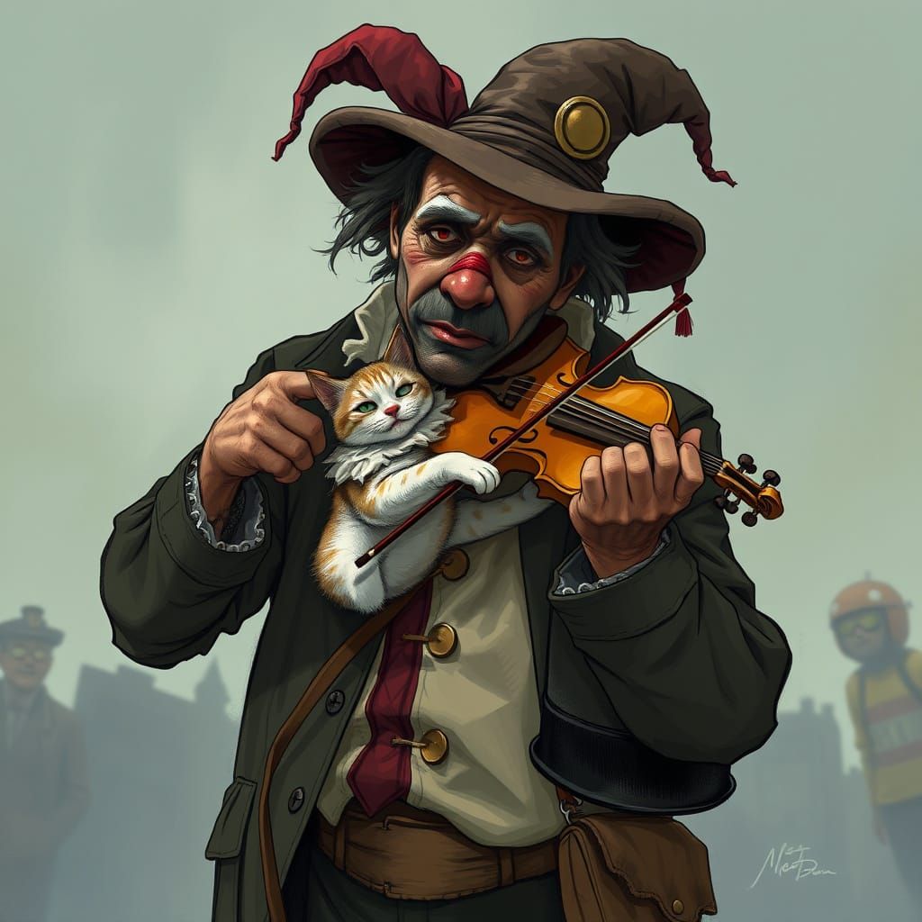 Homeless Clown Serenades with Feline Fiddle