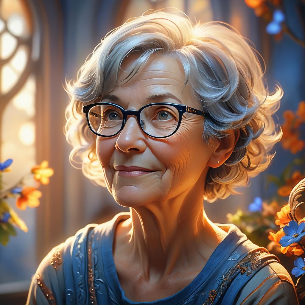 Dreamy Portrait of Woman with Gray Hair in Matte Painting St...
