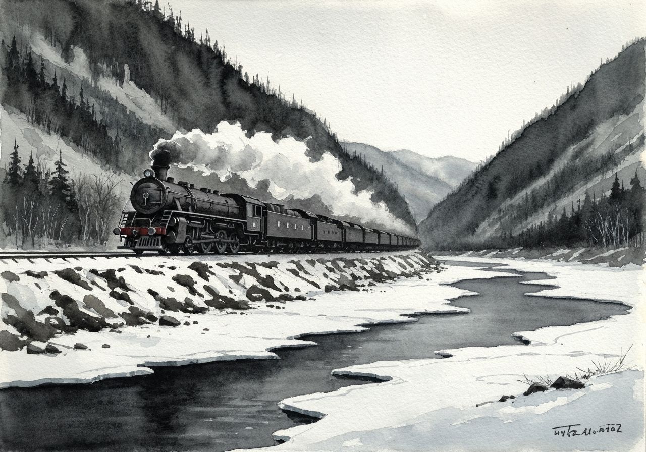 Inky Watercolour Steam Train in Winter Valley