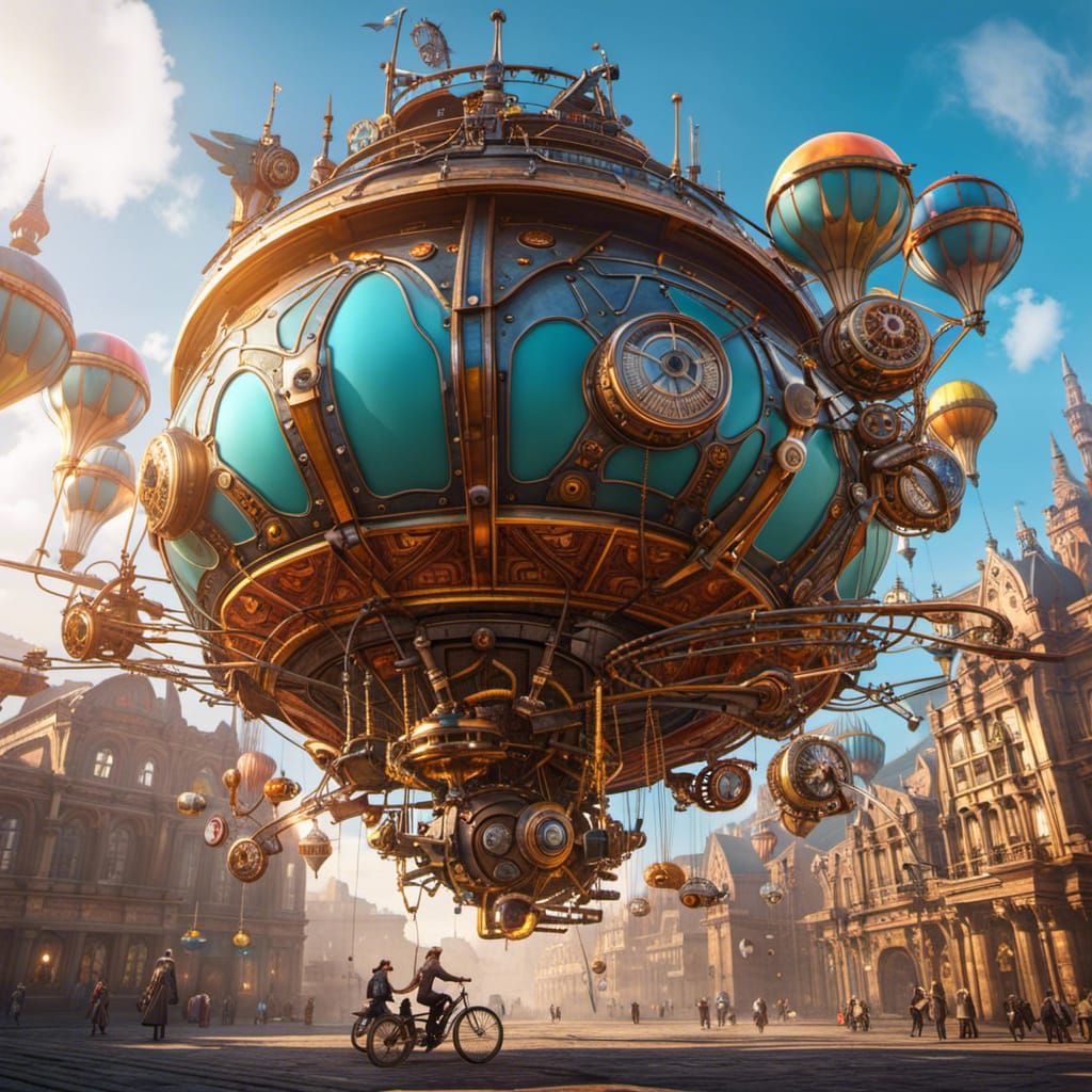 Fantastical Steampunk Flying Bicycles in Ornate Setting