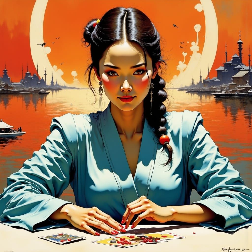 Cosmic Geisha Cosmonaut Plays Poker in Futuristic Wrecks