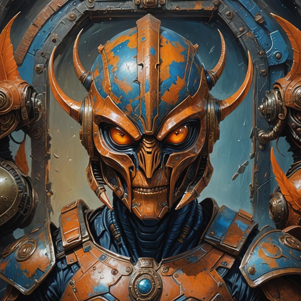 Cube Alien with Roman Helmet in Oil Painting Style