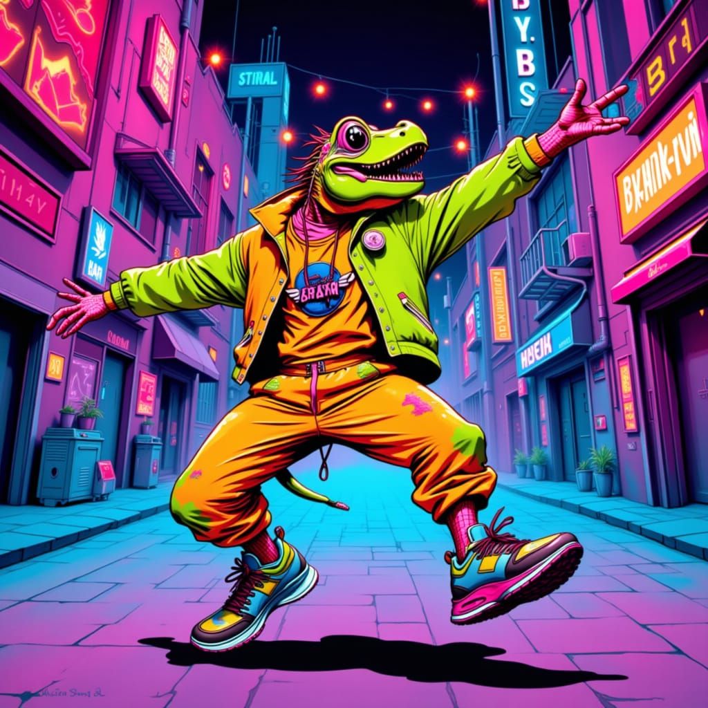 Retro Dancer in Neon City, 80s Arcade Art Style