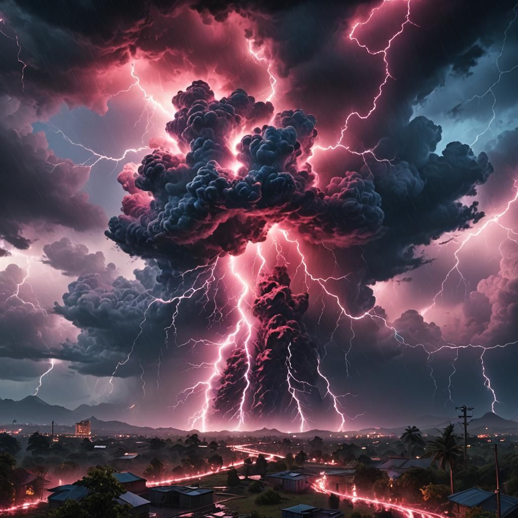 Hot Pink Lightning Storm with Blue Clouds
