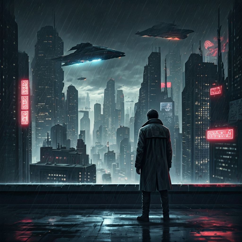 Lone Figure on Rooftop Overlooking Neon Metropolis at Dusk