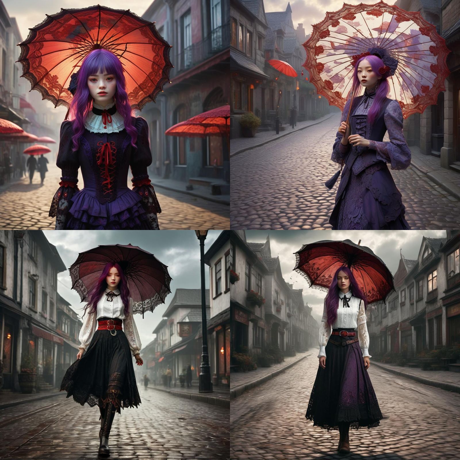 Woman with Purple Hair and Red Lace Parasol
