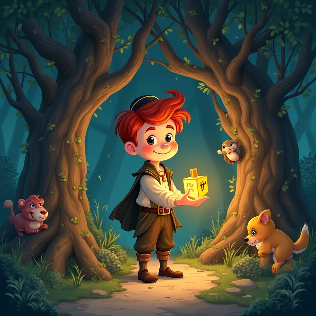 Young Hasidic Boy Stands at Forest Entrance with Glowing Dre...