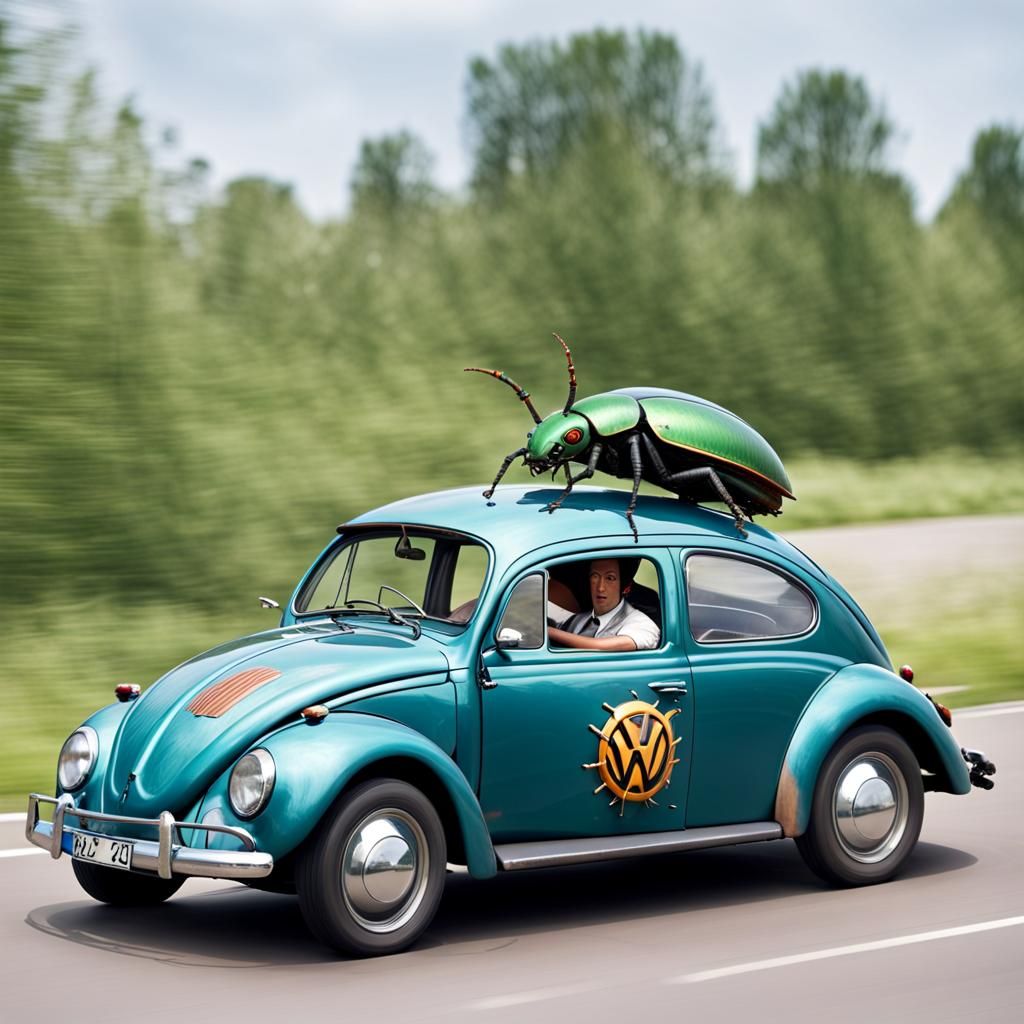 An insect beetle driving a VW Beetle