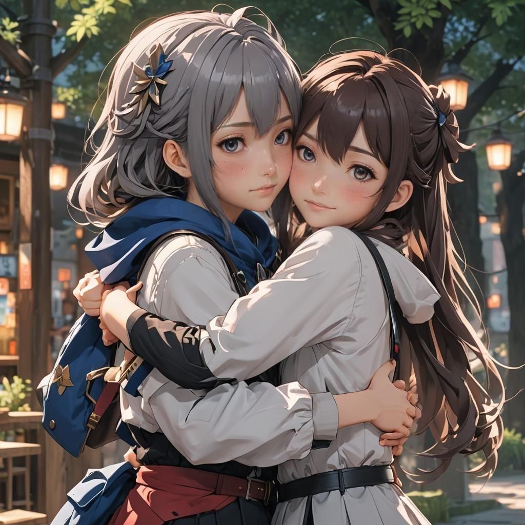Anime Girls' Tender Embrace in 3D Rendered Art