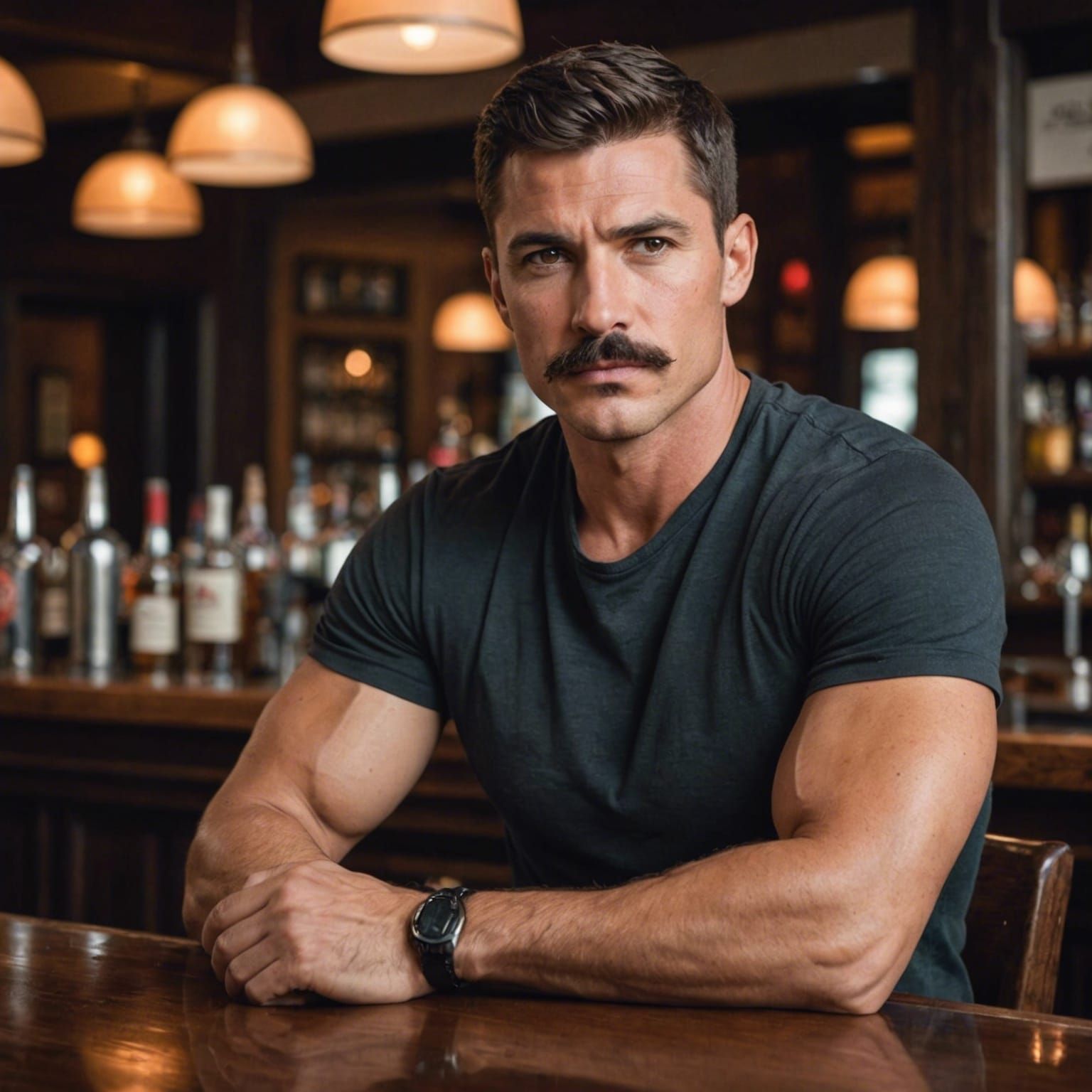 Wistful Man with Mustache at Bar