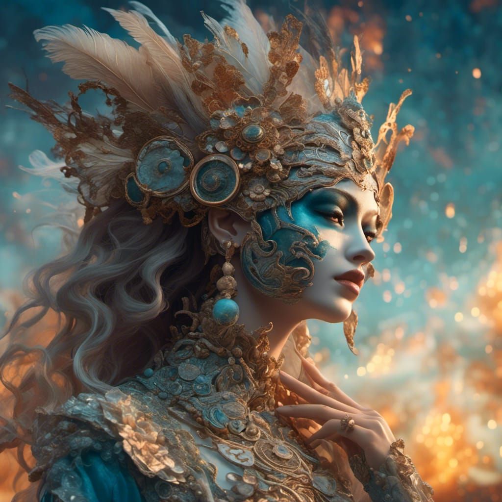 Smokey Goddess with Porcelain Mask in Hyperreal Style