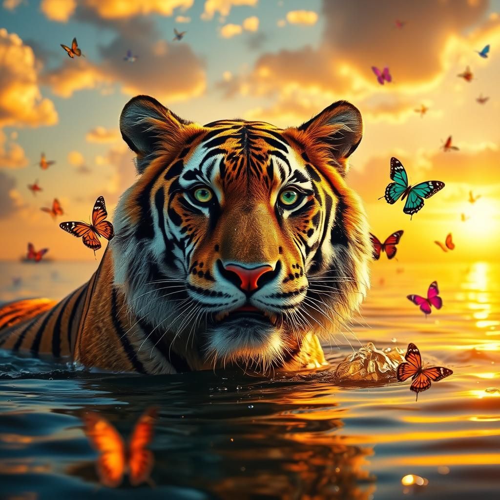 Golden Tiger Emerges at Sunset, Impressionistic Style