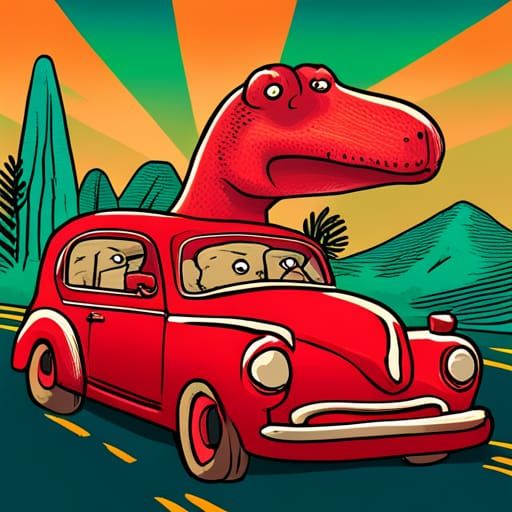 Cartoon Dinosaur Driving Too-Small Car: Pop Art
