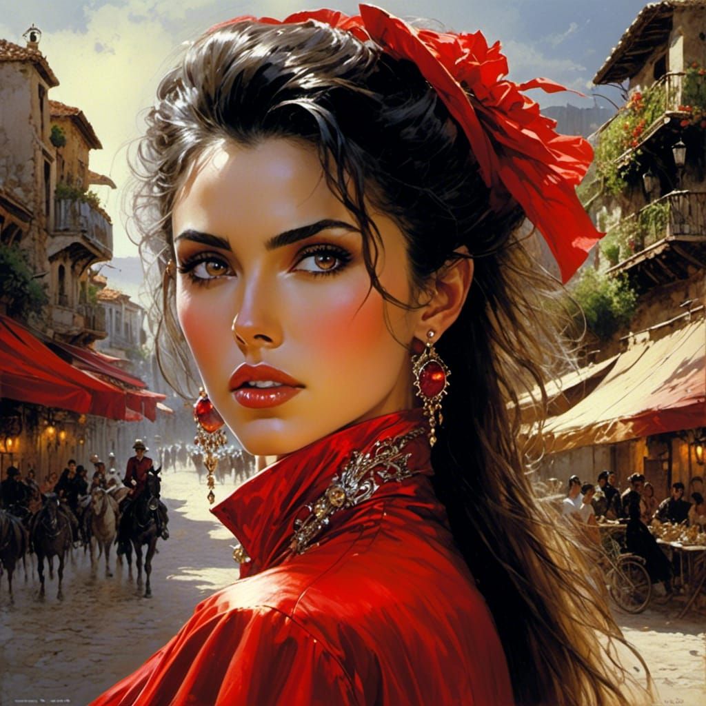 Spanish Beauty in Royo Style Against Town Backdrop