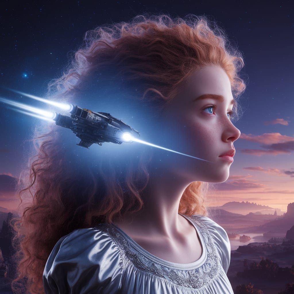 Teen Girl's Space Travel Dreams in Double Exposure