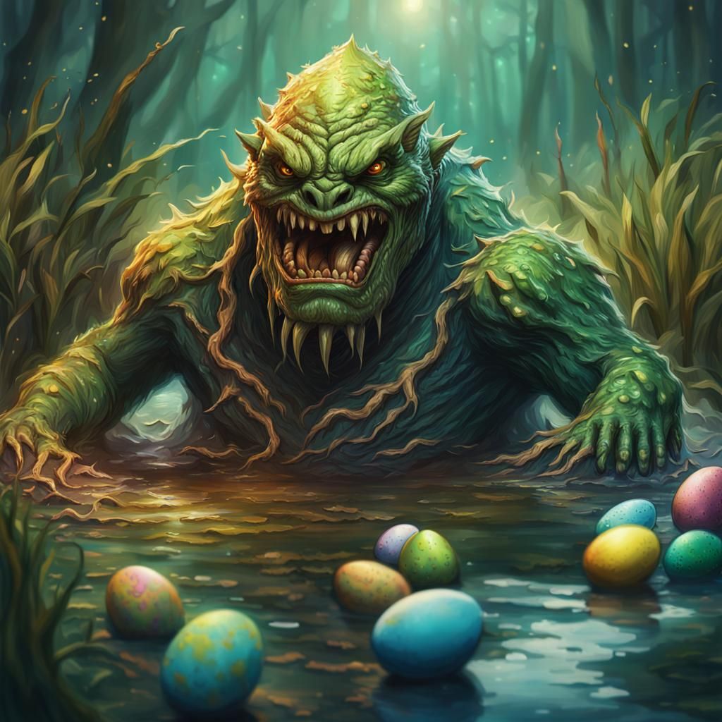 Swamp Monster Celebrates Easter in Hyperrealistic Splash Art