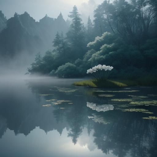 White Flower on Calm Lake: Matte Painting