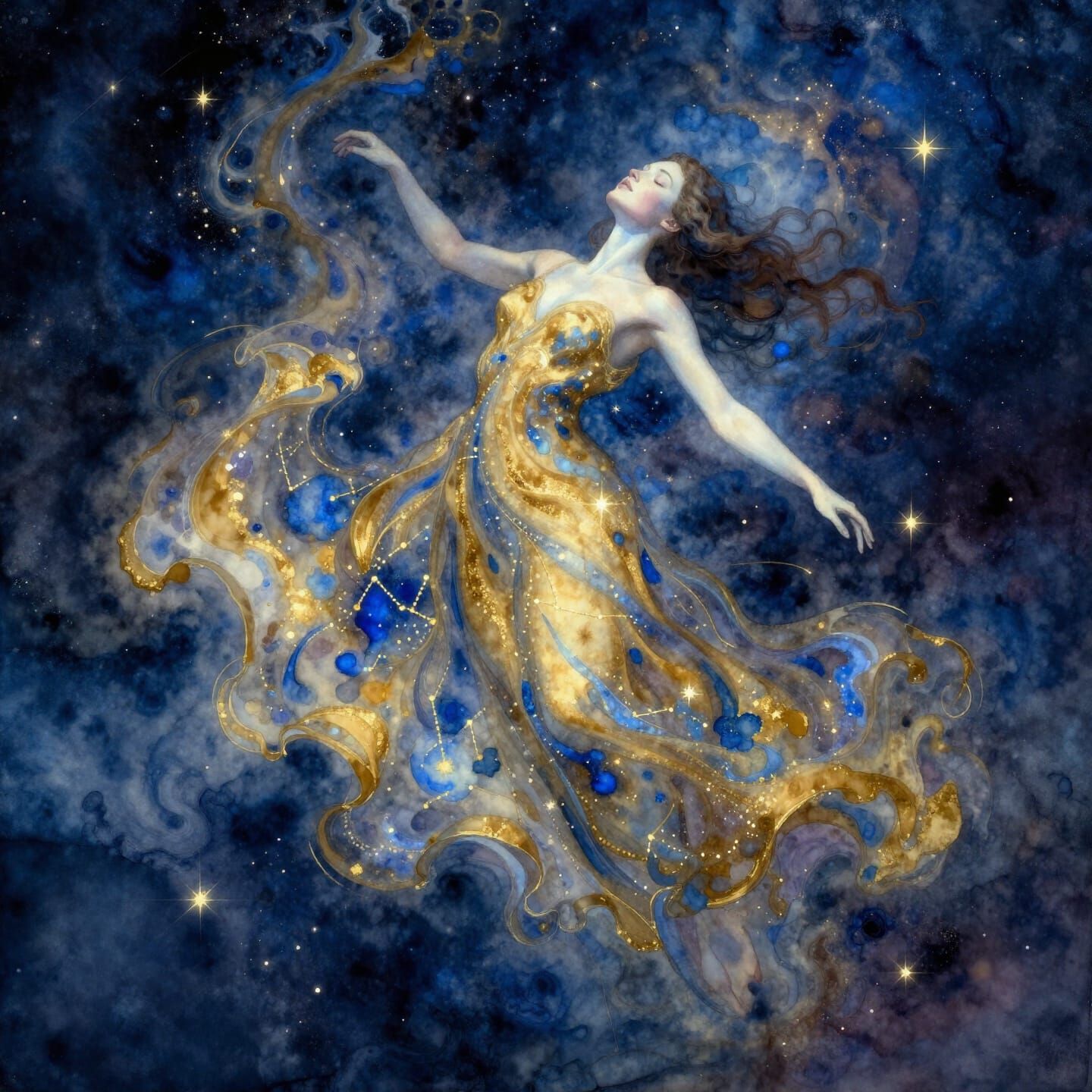 Woman Floating in Cosmic Watercolor Nebula