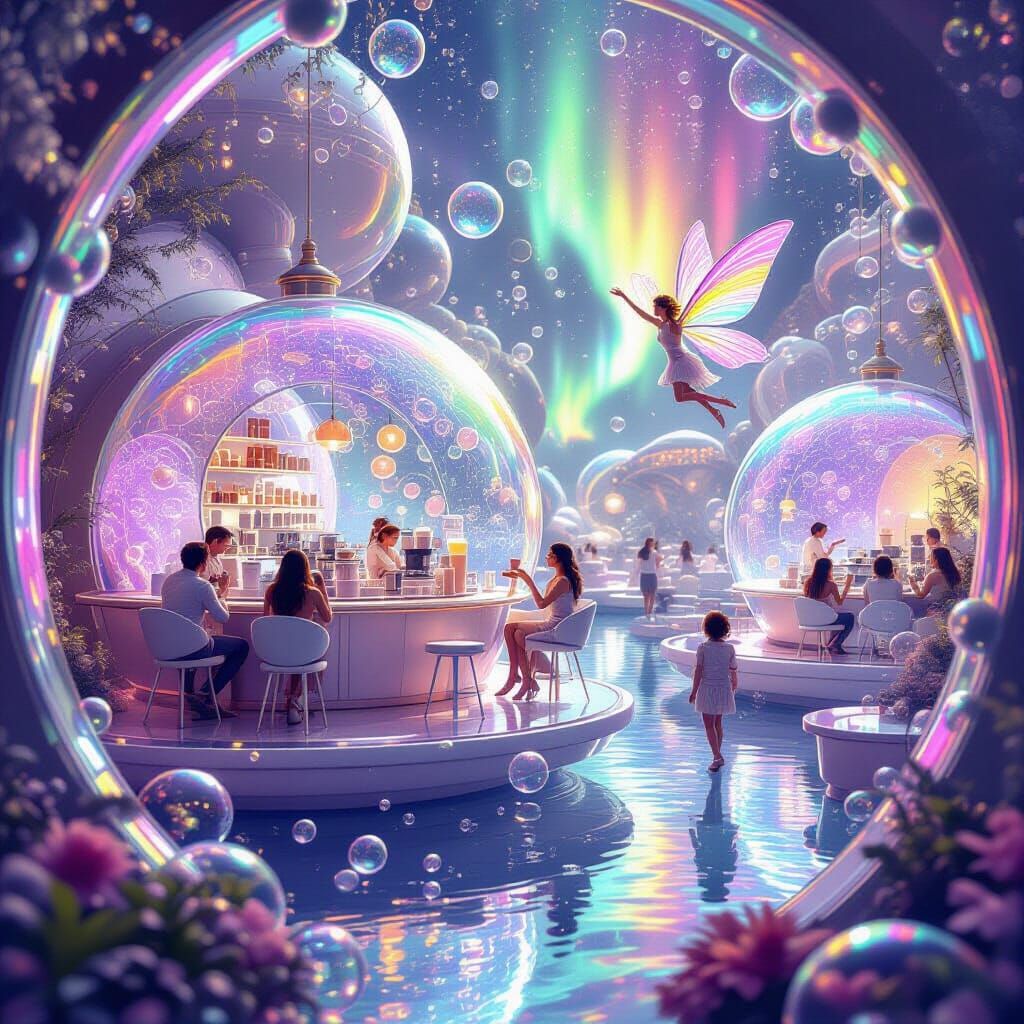 Iridescent Bubble Planet Cafe with Gravity-Defying Furniture