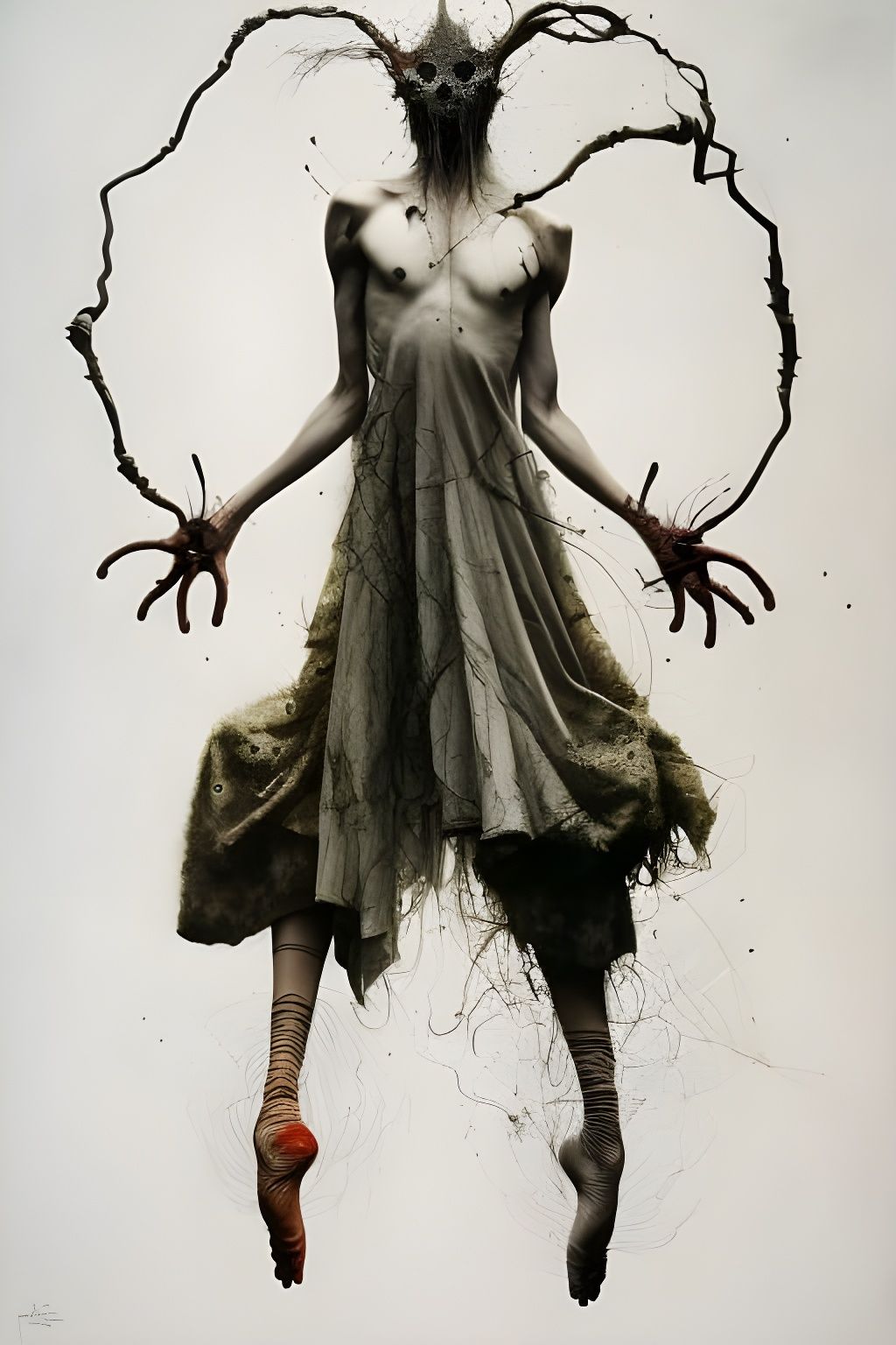 Surreal Gaunt Dancers with Scissor-Hands in Mixed Media