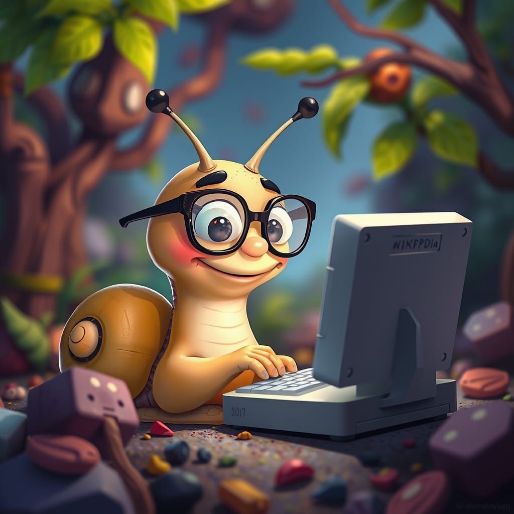 Intrigued Snail Browsing Wikipedia: Dreamworks-Style Digital...