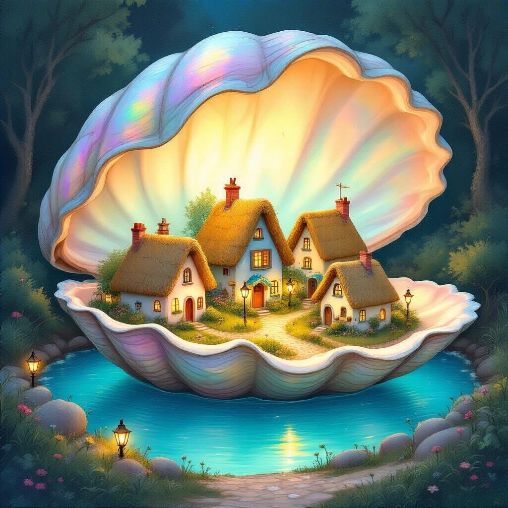Cozy Village Inside Iridescent Clam Shell Lagoon