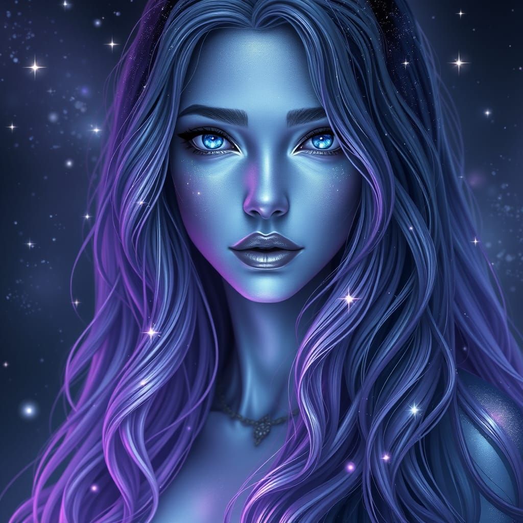 Galactic Goddess with Celestial Hair and Stardust Tears