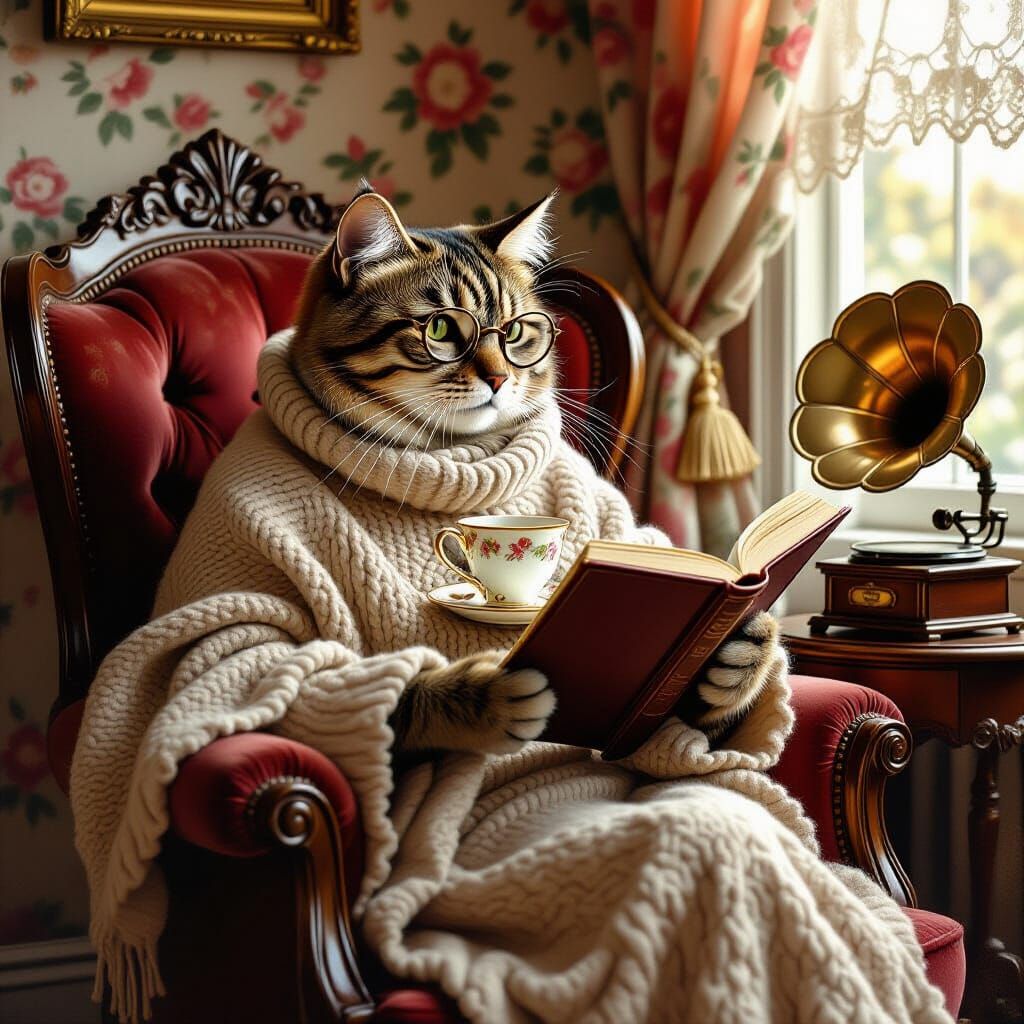 Elderly Cat Sipping Tea in Golden Hour Light