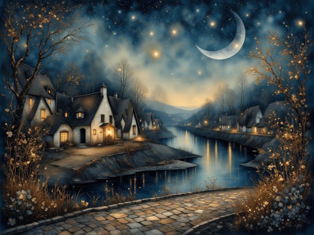 Golden Night Village by Twinkling River