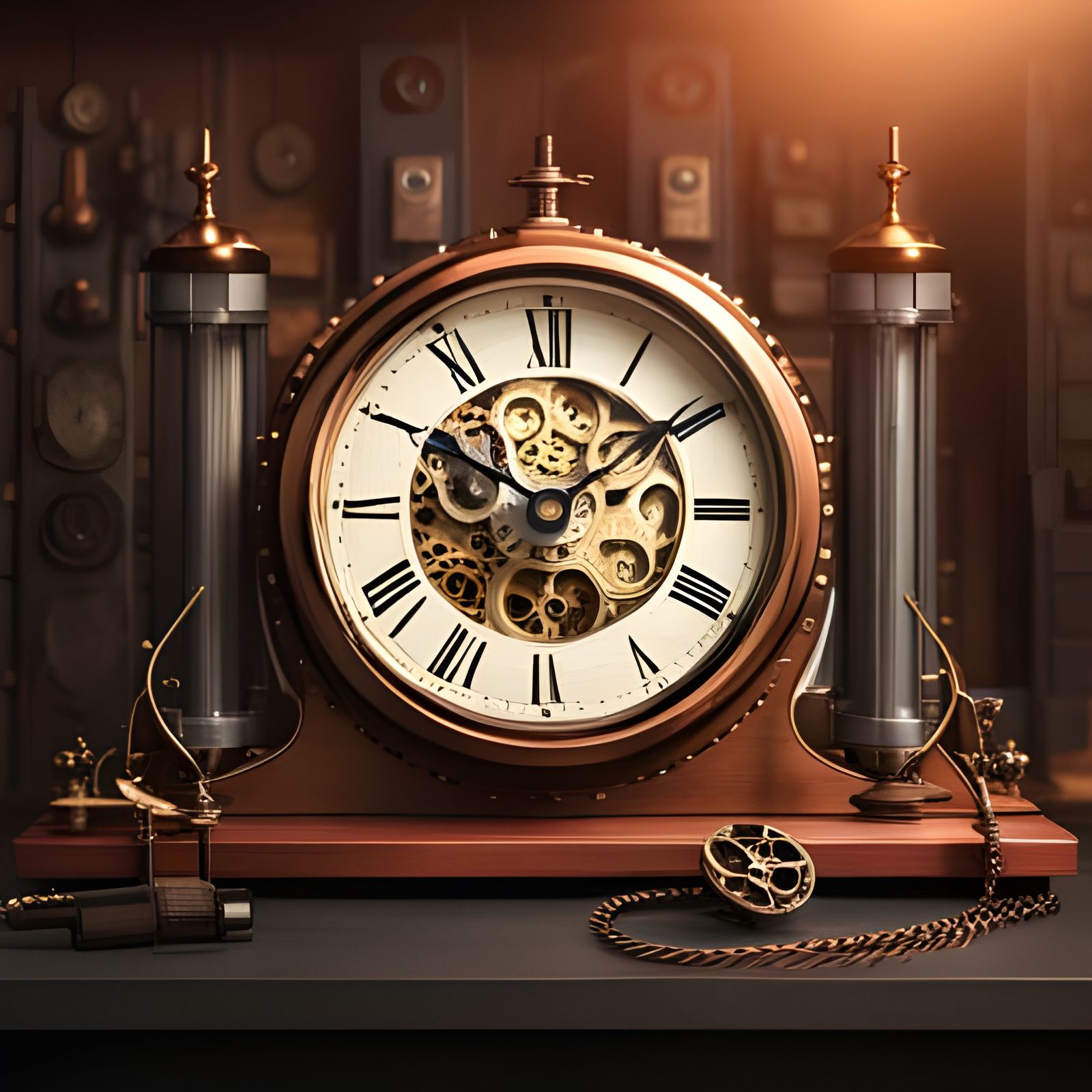 Steampunk Desk Clock with Copper and Gears